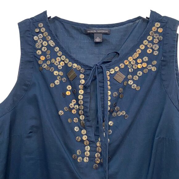 Banana Republic Tops - Banana Republic 100% Cotton Navy Blue Embellished Sleeveless Top Women's Size M
